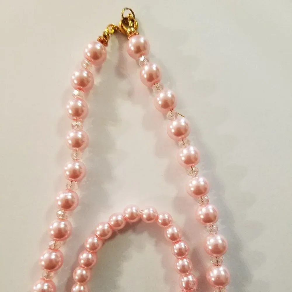 Hand Crafted Necklace & Bracelet Pink Pearl Crystals Cats Eye with Pendant